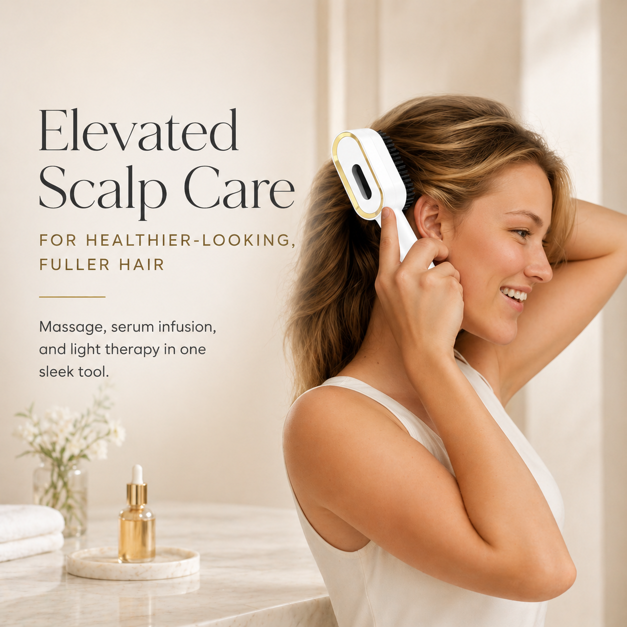 Woman using the 3-in-1 scalp massage comb