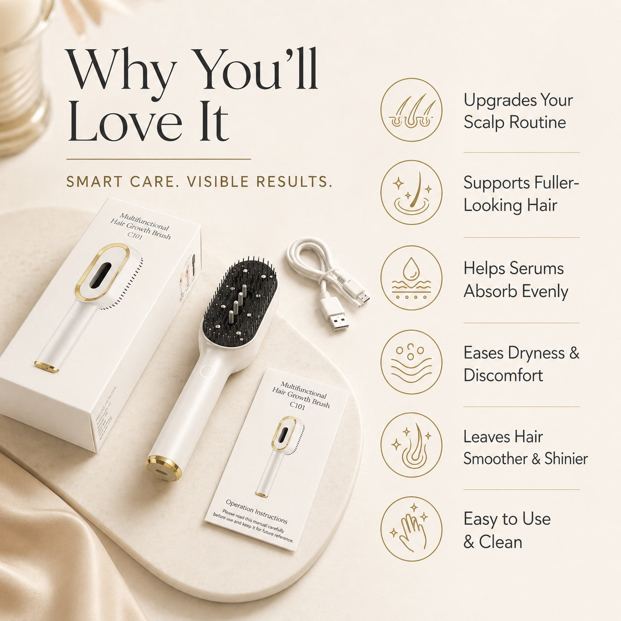 Included brush, USB charging cable, manual, and product packaging