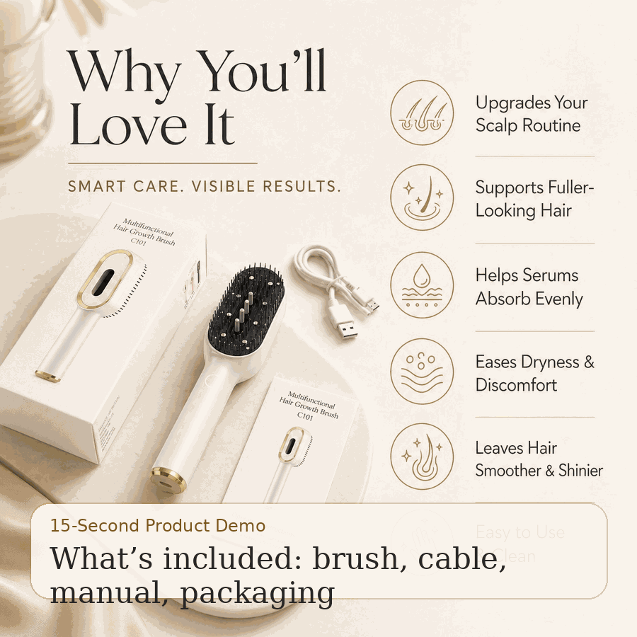 Short product demo showing how to fill, power on, use, and clean the scalp massage comb