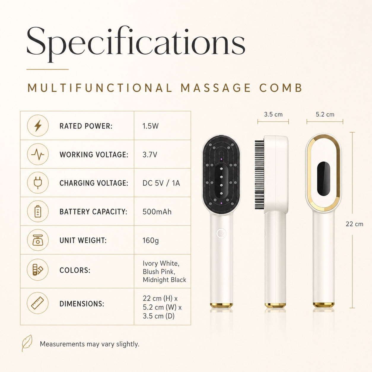 Specifications for the 3-in-1 scalp massage comb